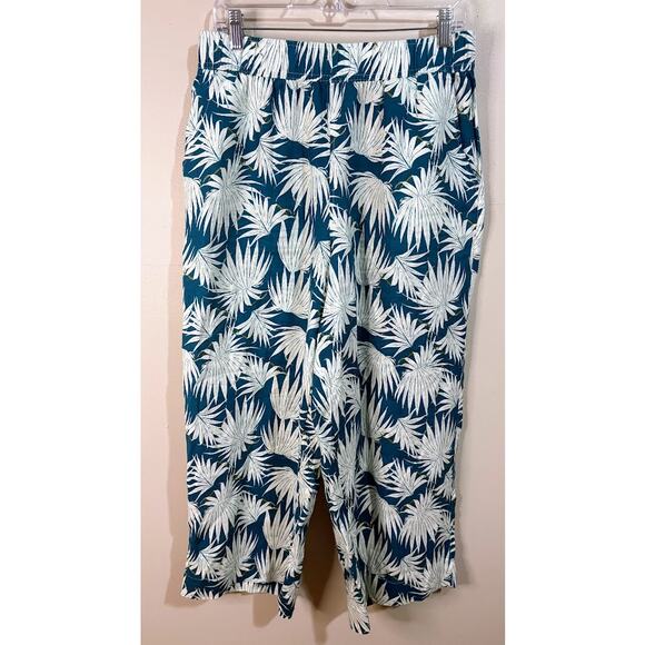 Rachel Zoe Teal and White Tropical Print Linen Wide Leg Pull on Pants Size Large - Picture 1 of 8
